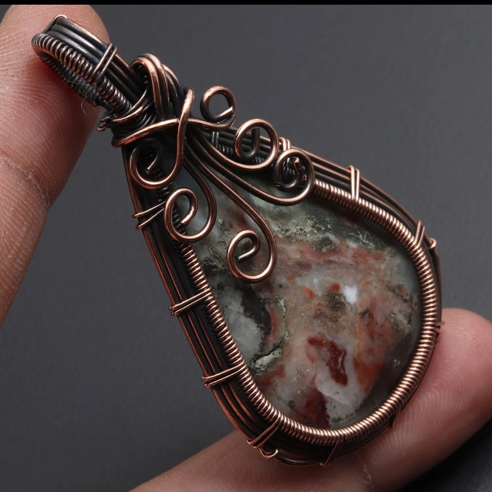 MMoss Agate Copper v. IIE Wrapped Pendant 2.2" Gemstone Jewelry